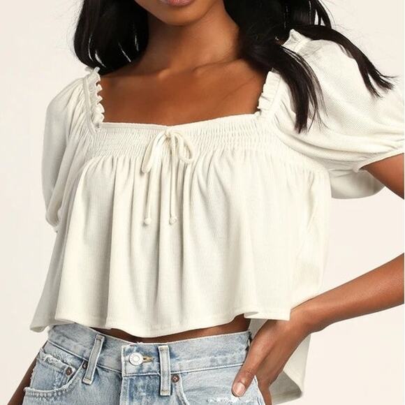 Lulu's Tops - Lulus Off White Crop Delicate Details Ivory Ribbed Puff Sleeve Babydoll Top XS